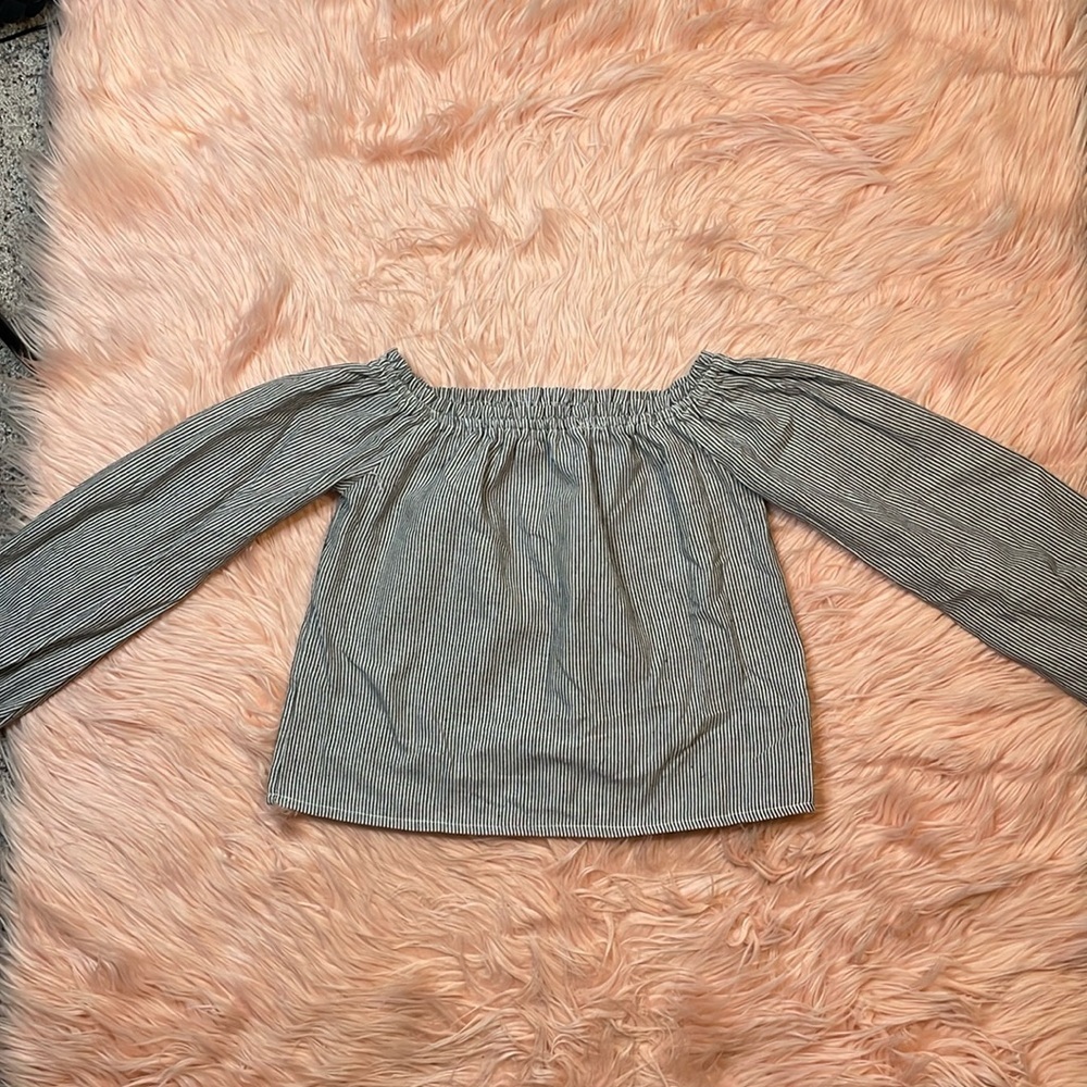 Brandy Melville Off the Shoulder Striped Long Puff Sleeve Top Black White